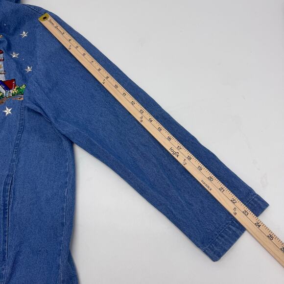 VTG Quacker Factory Embroidered Denim Lighthouse Zip Hoodie Sweater Nautical M - Picture 5 of 9